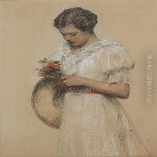 A Girl With Flowers Oil Painting by Frans Schwartz