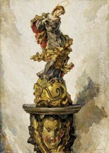 Still Life With Baroque Carving Of The Virgin Resting On A Cherub Shelf Oil Painting by Eugen Schwarz