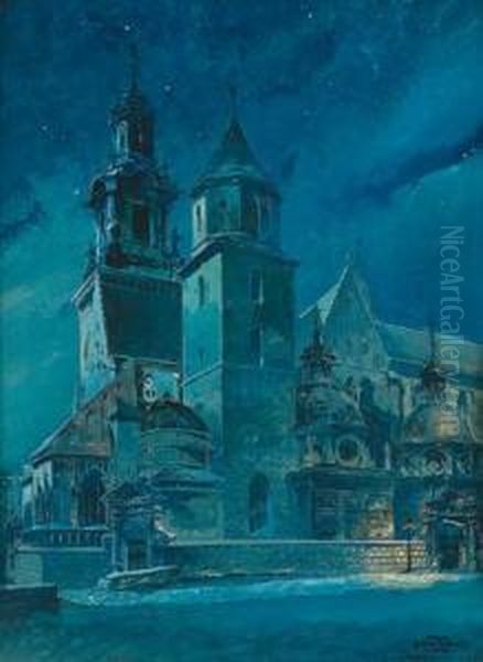 A Church In Wawel Castle In Krakov At Night Oil Painting by Feri Schwarz