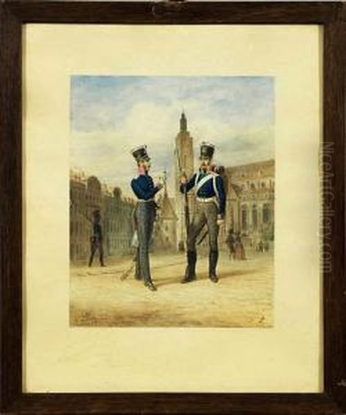 Preusischeinfanteristen Aus Der Zeit Der Koalitionskriege Auf Einemmarktplatz Oil Painting by Gustav Schwartz or Schwarz