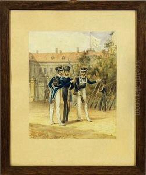 Preusischeinfanterieoffiziere Vor Einem Schloss Oil Painting by Gustav Schwartz or Schwarz