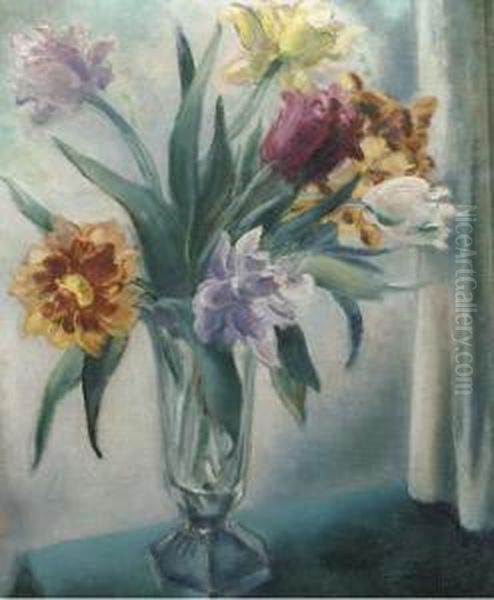 A Still Life With Tulips In A Glass Vase Oil Painting by Mommie Schwarz