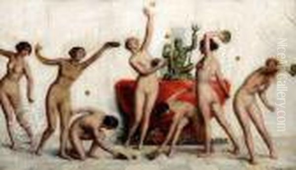 Naked Ladies Playing Ball Oil Painting by Alfred Schwarzschild