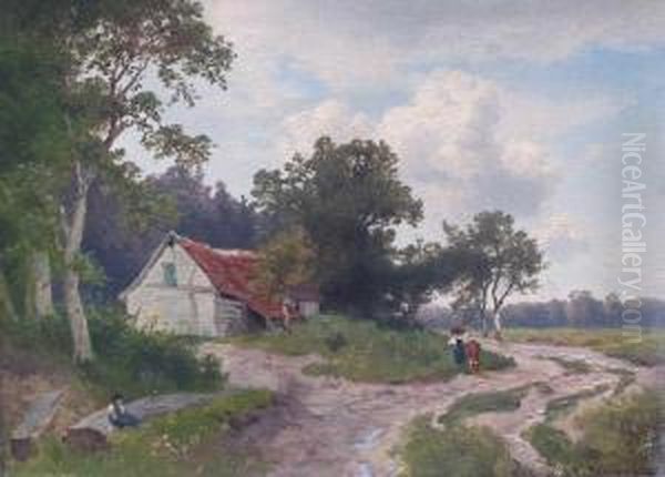 Landschaft Mit Bauerinnen Und Rind Am Wegrand Vor Einer Hutte Oil Painting by Carl Schweich