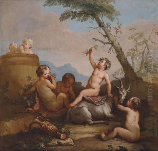 The Infant Bacchus And Putti, With A Goat In A Landscape Oil Painting by Hendrick Willelm Schweickhardt