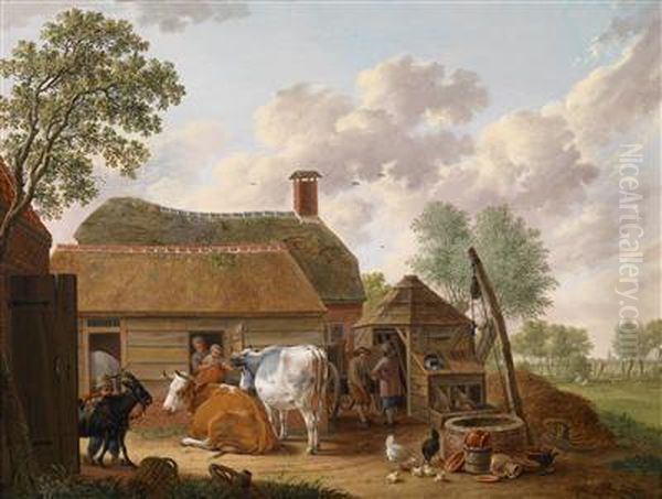 A Farmyard Oil Painting by Hendrick Willelm Schweickhardt