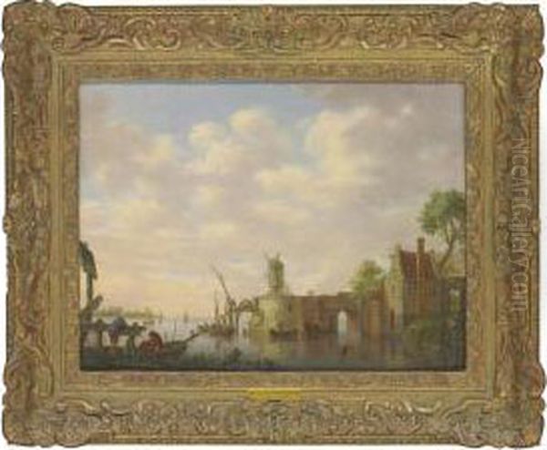 A River Estuary With Fishermen And Stevedores, A Dock And A Windmill Beyond Oil Painting by Hendrick Willelm Schweickhardt