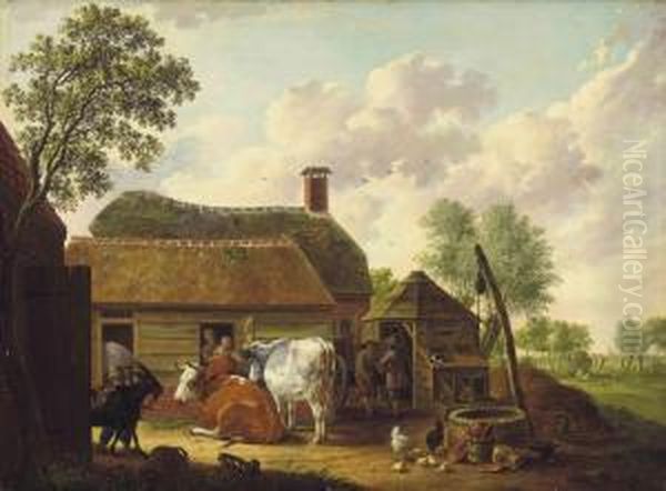 A Farm Scene With Peasants, Cattle, Chickens And A Goat Oil Painting by Hendrick Willelm Schweickhardt