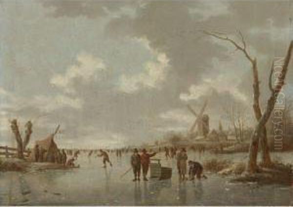 Winter Scene With Skaters On A Frozen River Oil Painting by Hendrick Willelm Schweickhardt