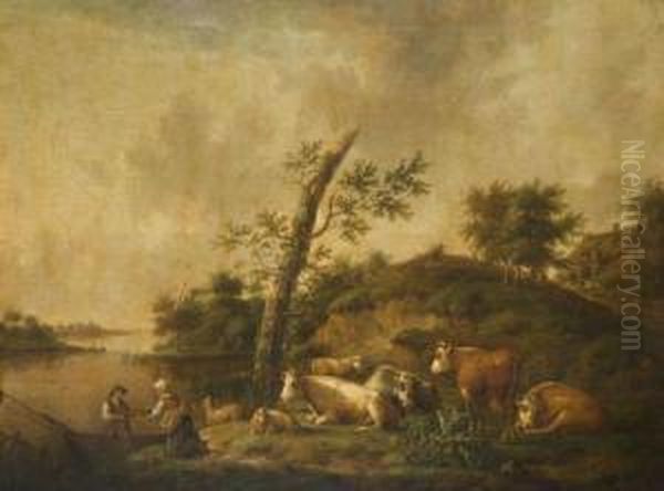 Paysage Avec Un Troupeau Oil Painting by Hendrick Willelm Schweickhardt