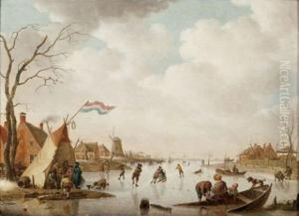 Scene De Patinage Oil Painting by Hendrick Willelm Schweickhardt