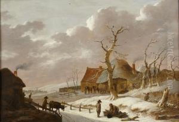 A Snow Covered Landscape With Villagers Gathering Firewood Oil Painting by Hendrick Wilhelm Schweikardt