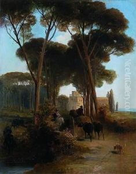 Italienische Villa Vor Einem
 Pinienwaldchen. Oil Painting by Ernst Schweinfurth