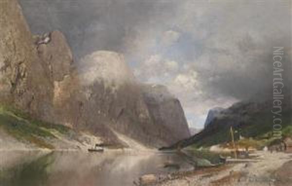 Fjord Landscape Oil Painting by Adolf Gustav Schweitzer