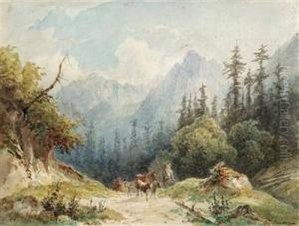 Ziegenhirte Auf Alpenweg Oil Painting by Josef Schwemminger