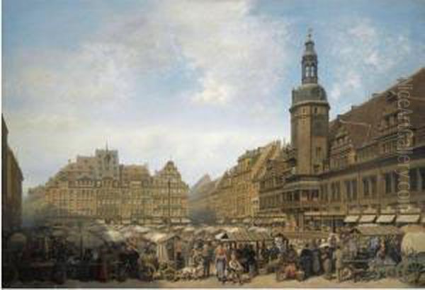 Der Marktplatz, Leipzig (the Market Square, Leipzig) Oil Painting by Albert Schwendy