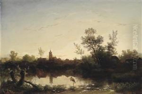 Stork Atdusk Oil Painting by Carl I Schweninger