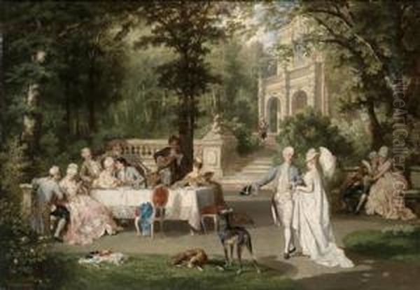 Elegant Group In The Palace Grounds Oil Painting by Karl Schweninger