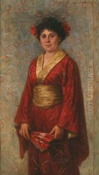 Young Lady In A Kimono Holding A Fan Oil Painting by Rosa Schweninger