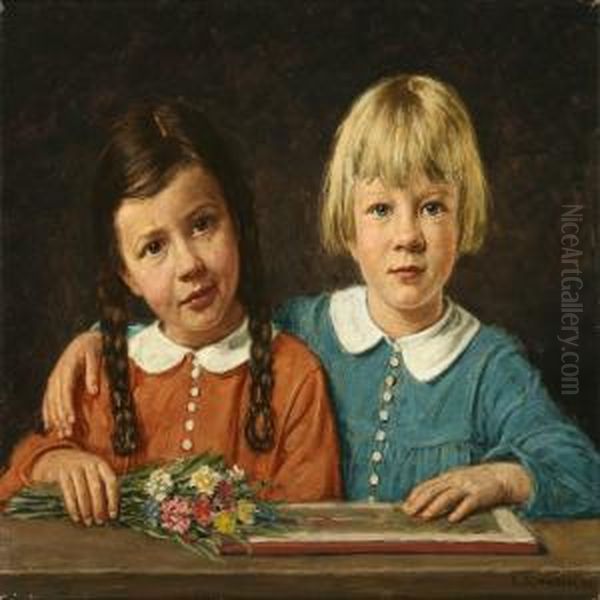 Two Girls Oil Painting by Georg Schwenk