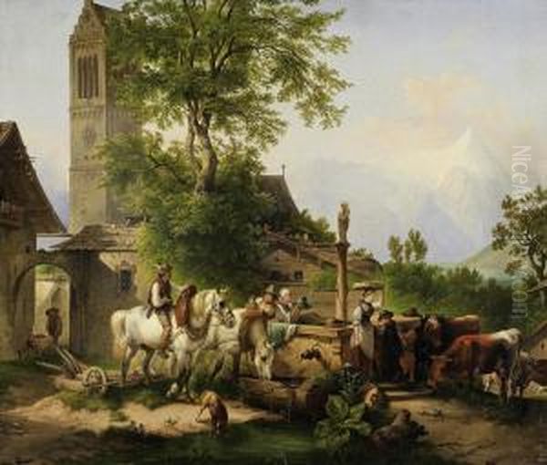 Hustle And Bustle At The Villagewell Oil Painting by Karl Schwenninger