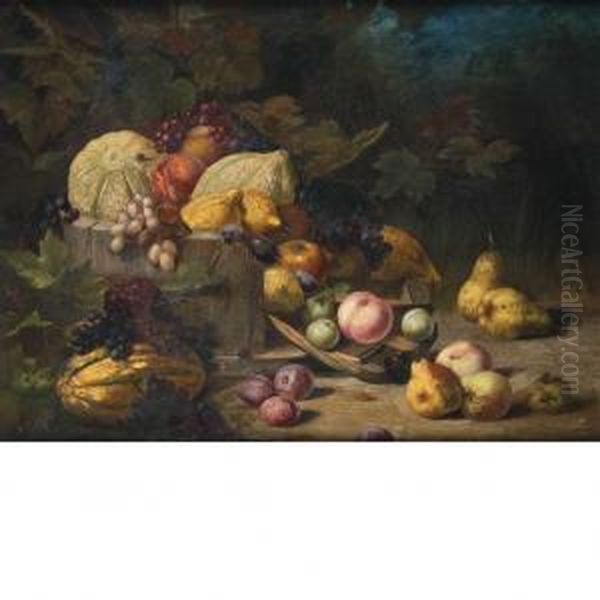 Still Life Of Fruit Tumbling From A Wood Bowl Oil Painting by S. Schwing