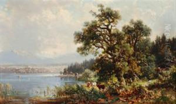 Kuhe Am Ufer Des Starnbergersees Oil Painting by Ludwig Sckell