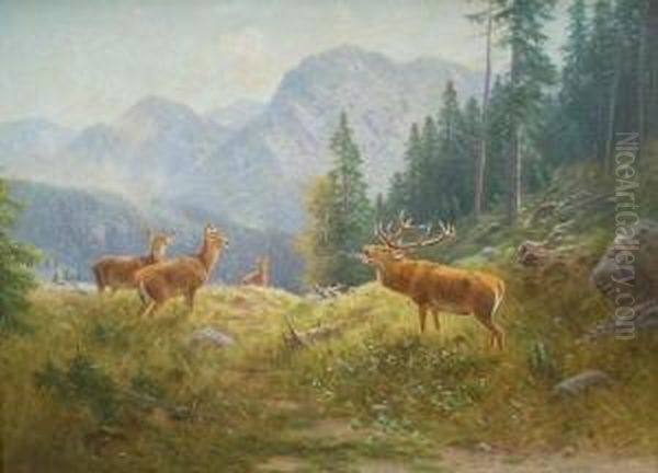 Hirsche Am Konigssee Oil Painting by Ludwig Sckell