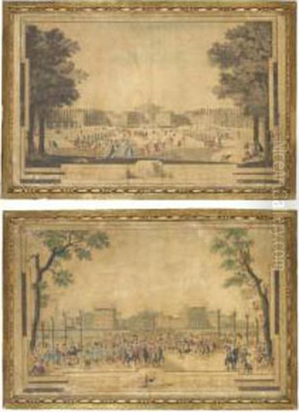 [ignazio Sclopis (napoli (?) -1793) Views Of Stupinigia Pair Of Etchings, Partly Hand-coloured, Laid Down On Paper, Repaired Tears, Rubbing, Defects, Framed In Carved Gilt Frames.] Oil Painting by Ignazio Sclopis