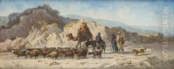 Chamelier Et Gardien De Troupeau Dans Un Paysagemontagneux Oil Painting by Antonio, Cavaliero Scognamiglio