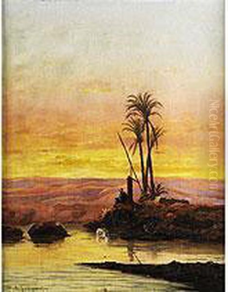 Araber An Einer Wasserstelle Mit Palmen Oil Painting by Antonio, Cavaliero Scognamiglio