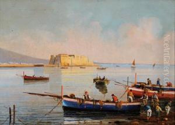 Marina Con Barche E Pescatori Sullo Sfondo Di Castel Dell'ovo Oil Painting by Raimpondo Scoppa