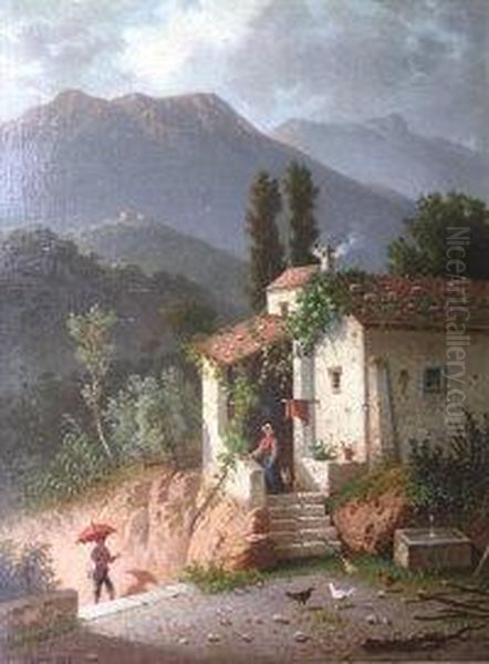 A Cottage In A Mountainous Landscape Oil Painting by Raimpondo Scoppa