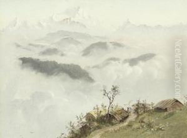 Himalayan Range With Village Of Tongloo Oil Painting by Alexander Scott