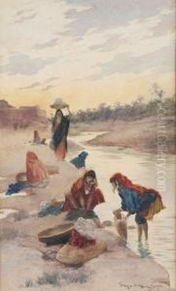 Femmes Lavant A La Riviere De Gabes Oil Painting by Georges Bertin, Dit Scott De Plagnolles