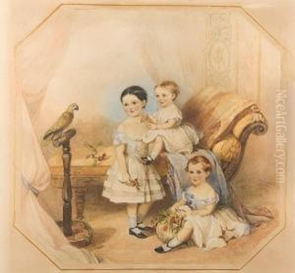 Portrait Of Three Children And A Parrot Oil Painting by Emily Maria Spafard Scott