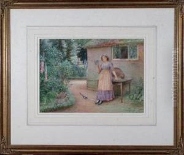 A Young Woman In A Cottage Garden Reading A Letter Oil Painting by John Scott