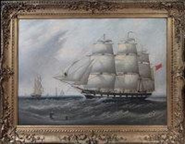 A Portrait Of The Three-masted Sailing Ship Britannia With Alighthouse And Other Vessels In The Distance Oil Painting by John Scott