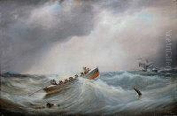 The Lifeboat Percy Going To The Assistance Of A Sailing Ship Indistress In A Storm Oil Painting by John Scott