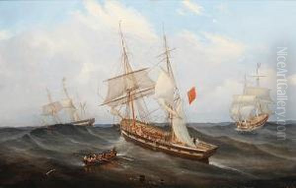 Sailing Vessels And A Rowing Boat In A Heavyswell Oil Painting by John Scott