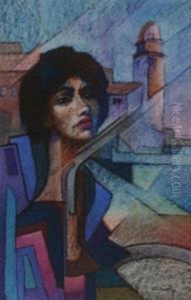 A Portrait Of A Lady In A Modernist Style At Collioure Oil Painting by John Douglas Scott