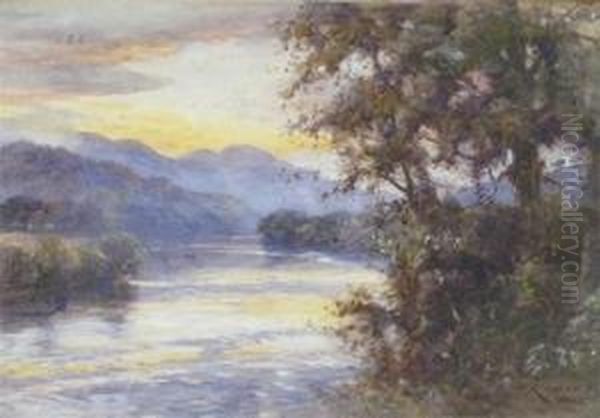 Twilight On The Lennard Below Pitlochry Oil Painting by James Scott Kinnear