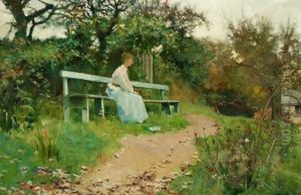 A Woman Seated On A Garden Bench Oil Painting by Laurence Scott