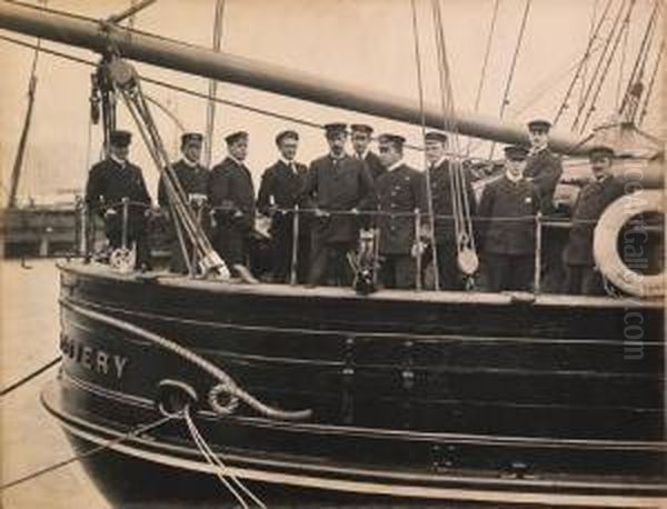 Captain Scott And His Officers On The Poop Deck Of The Discovery;the Crew Of The Discovery On The Poop Deck; The Discovery Leavingdunedin; The Discovery In Winter Quarters; The Morning In Mcmurdosound; A Sledging Party From The Morning; Sir Ernestshacklet Oil Painting by Robert Falcon, Lt Scott