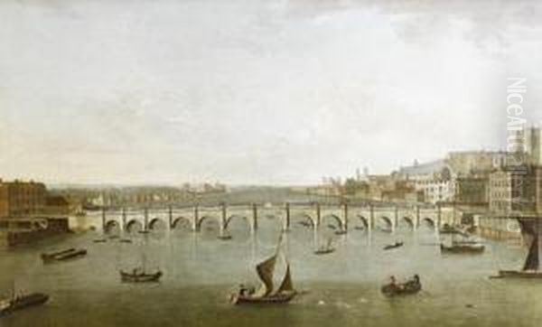 The Thames And Old Westminster Bridge Lookingtowards Westminster Abbey Oil Painting by Samuel Scott