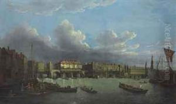 An Extensive View Of The Thames And The City Of London With Oldlondon Bridge From The East, The Church Of St. Magnus And Themonument Beyond Oil Painting by Samuel Scott