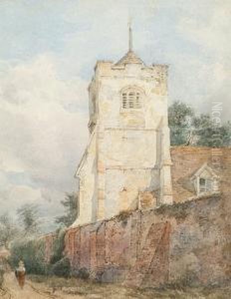 A Figure Walking Beside A Church Wall Oil Painting by William Henry Stoth. Scott