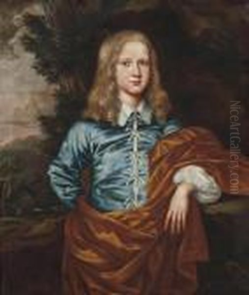 Portrait Of A Boy, Traditionally Identified As Lord David Hay (1656-1726) Of Belton House, Nr. Dunbar, Scotland, Three-quarter-length, In A Blue Coat And A Rust Shawl, Standing In A Wooded Landscape Oil Painting by David Scougall