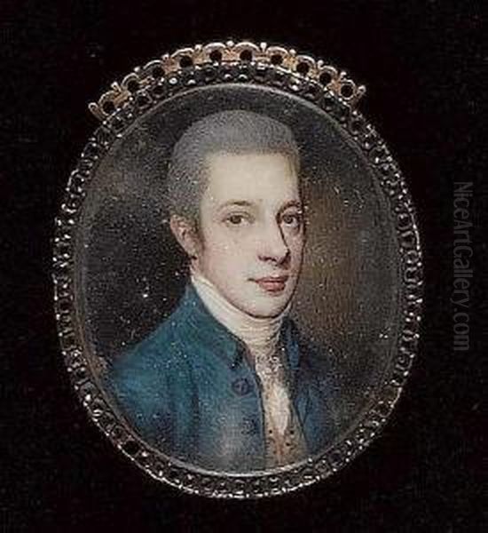 A Gentleman, Wearing Blue-green Coat, White Waistcoat With Floral Embroidery, White Lace Cravat And Powdered Hair. Oil Painting by James Scouler