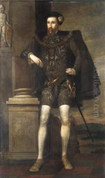 Portrait Of Henry Howard, Earl Of Surrey, Aged 29, Standing Fulllength, Wearing An Embroidered Costume, With A Dagger And A Sword,by A Pedestal Oil Painting by William Scrots